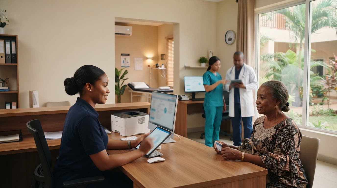 A RizCare hospital team coordinates a patient visit, with reception in the foreground and a nurse and clinician working behind.