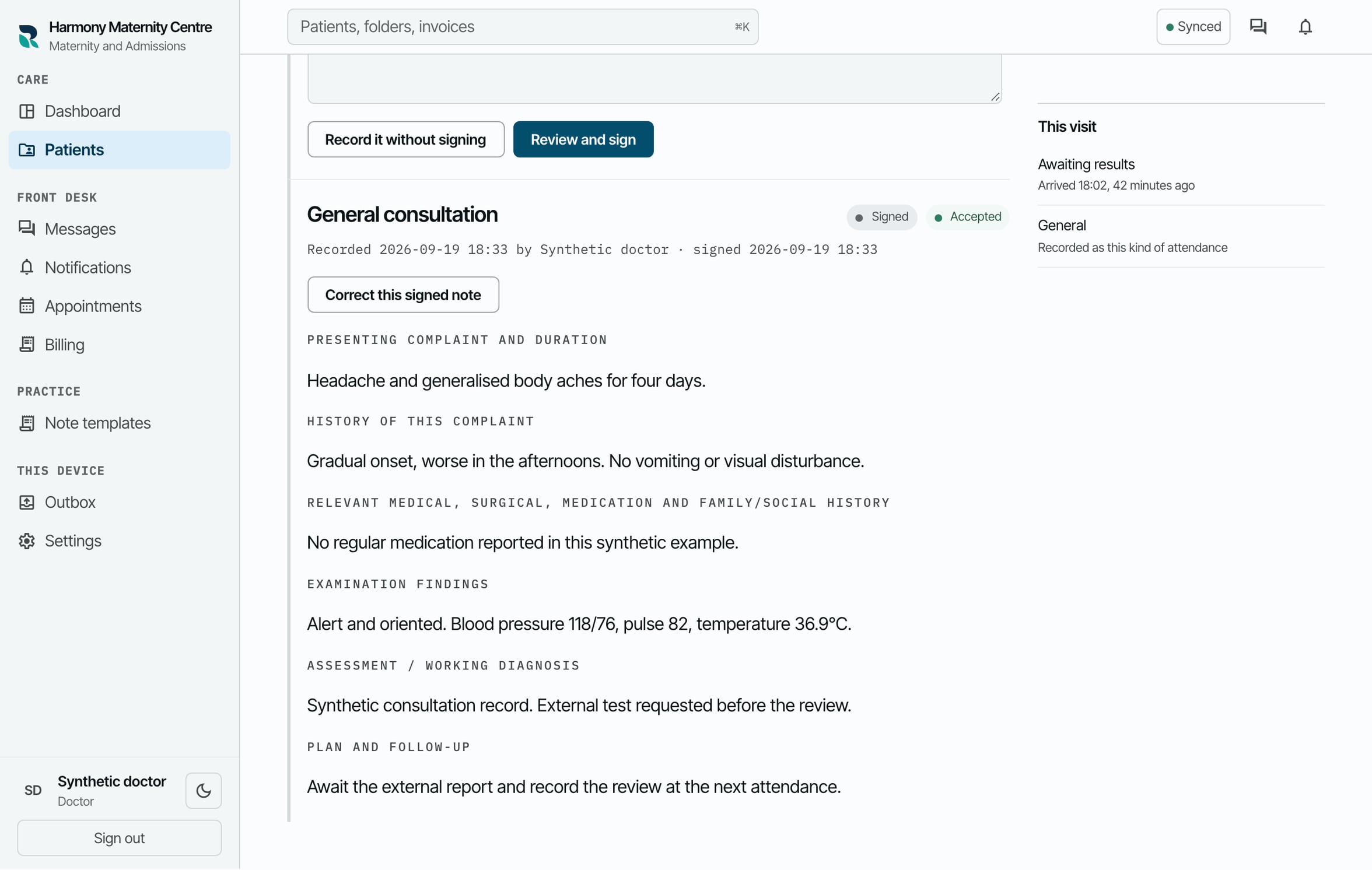 A signed general consultation note with presenting complaint, history, examination, assessment and follow-up, its author and signature time, and a separate acceptance state.