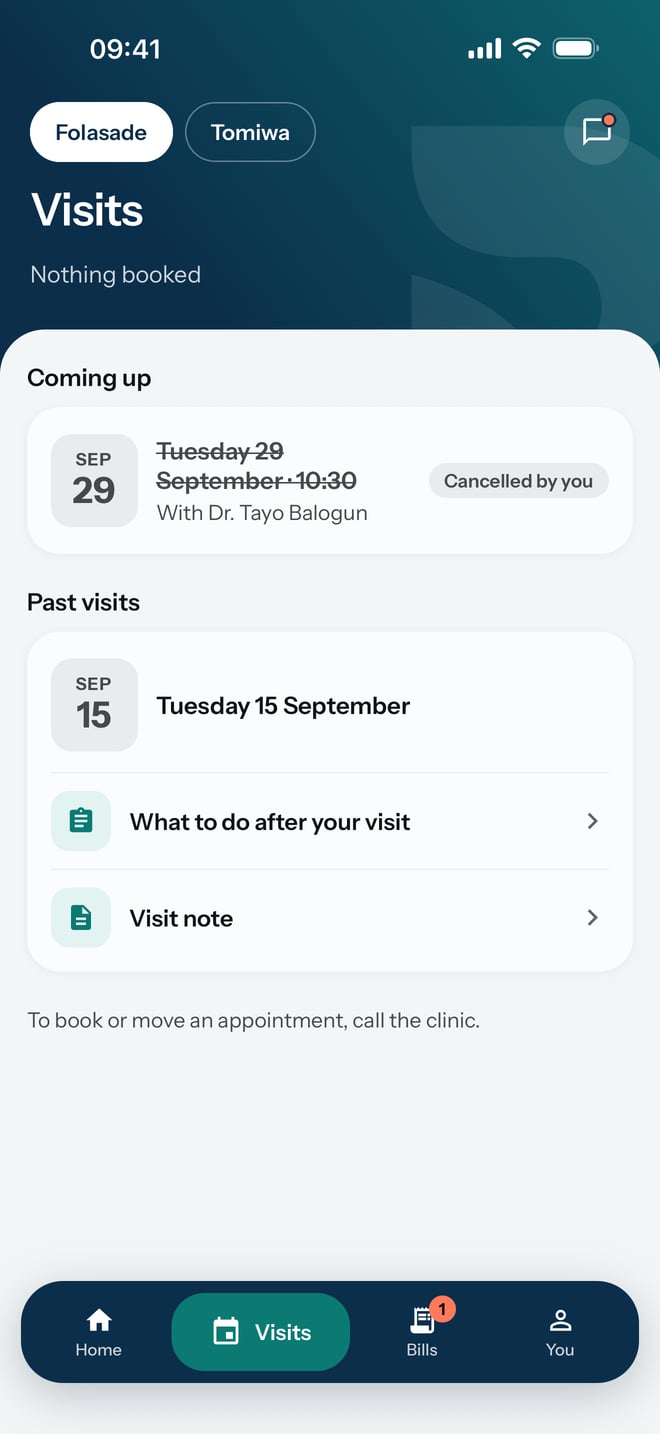The appointment crossed out and marked Cancelled by you, with Nothing booked under the title.