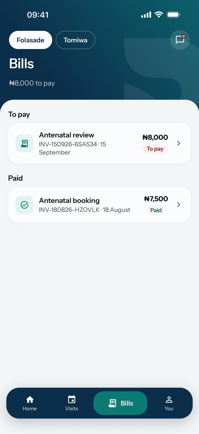 Bills, with one antenatal review bill to pay and an antenatal booking bill already paid.