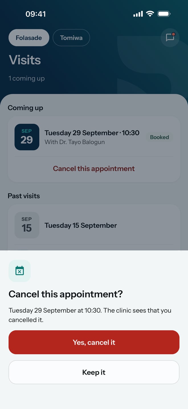 Cancel this appointment, showing the date and time, that the hospital sees you cancelled it, and the Yes, cancel it and Keep it buttons.