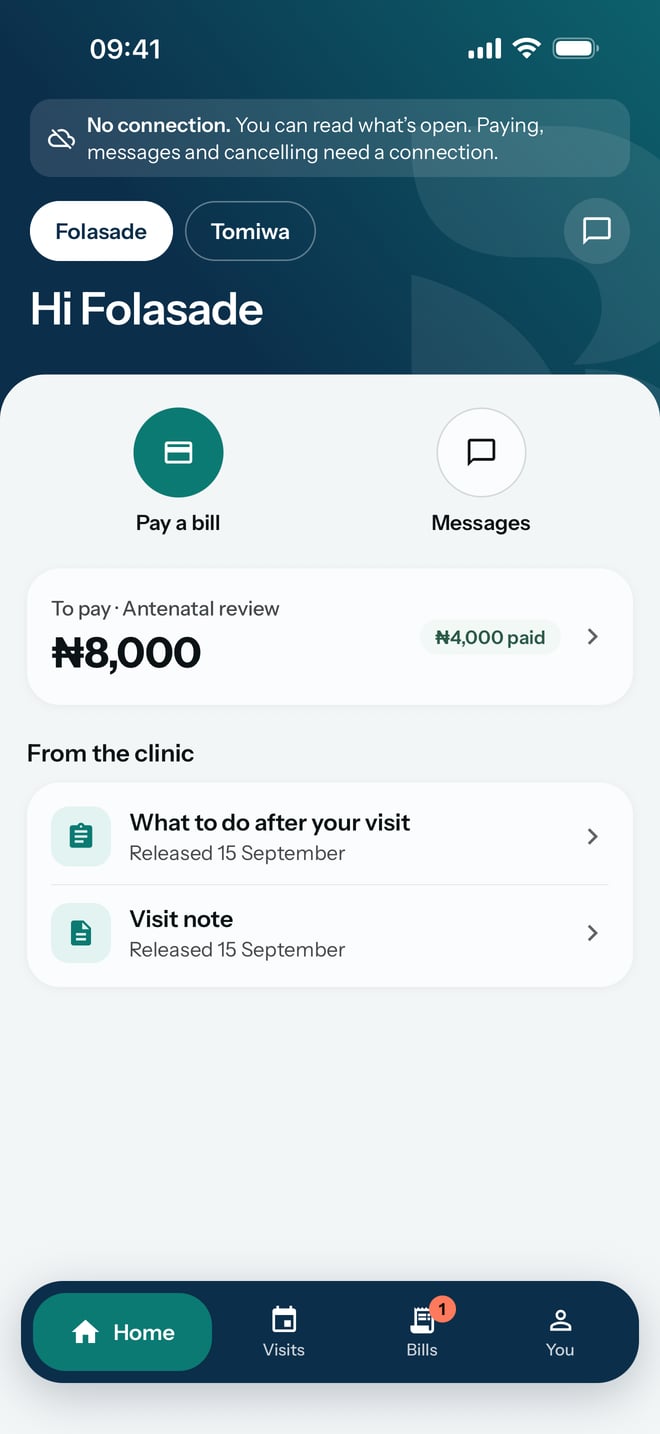 Home with no connection: the next bill and the notes from the hospital still showing, under a line saying paying, messages and cancelling need a connection.