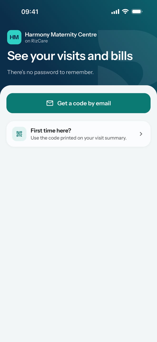 Signed out, back on the hospital's page with Get a code by email and First time here?