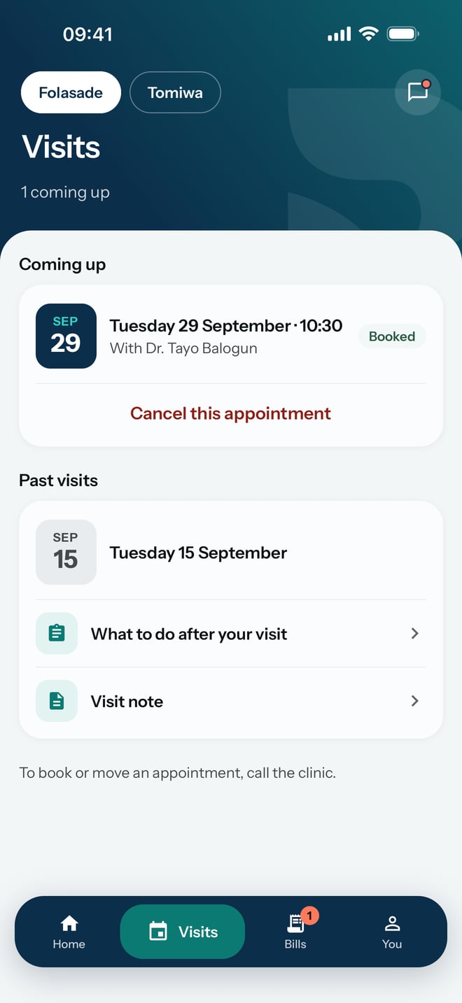 Visits, with one appointment coming up on Tuesday 29 September at 10:30 with the doctor, and a past visit with its instructions and visit note.