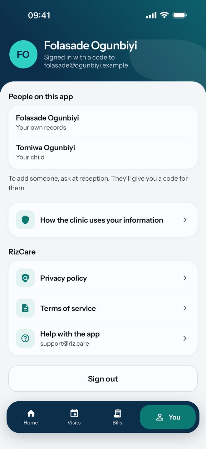 The You screen: who is signed in, the people on the app, how the hospital uses your information, RizCare's privacy policy, terms and help, and Sign out.