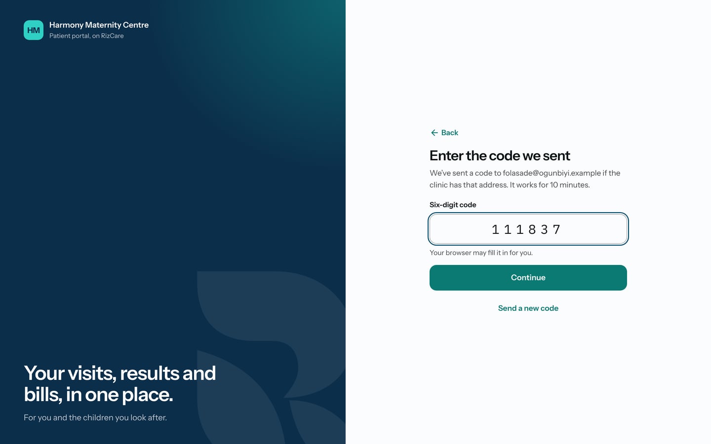 Enter the code we sent, with a six-digit code typed in and Continue.