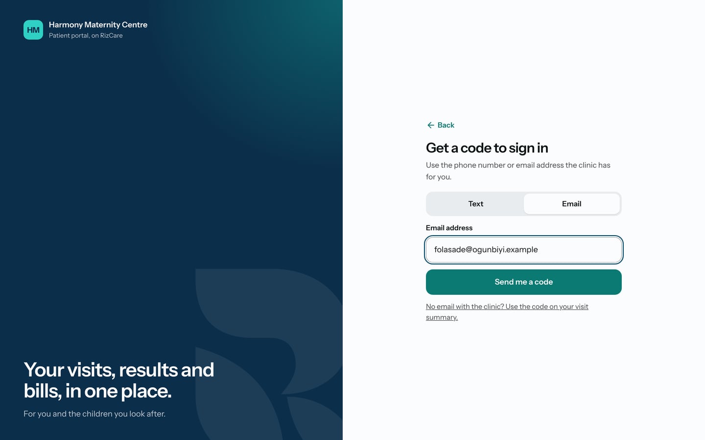 Get a code to sign in, with Email chosen, an email address typed in and Send me a code.