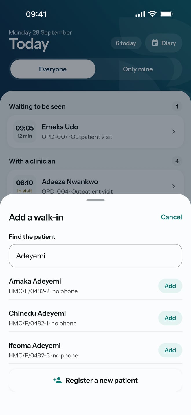 The Add a walk-in sheet with Adeyemi typed in and three patients of that name, each with their folder number and an Add button.