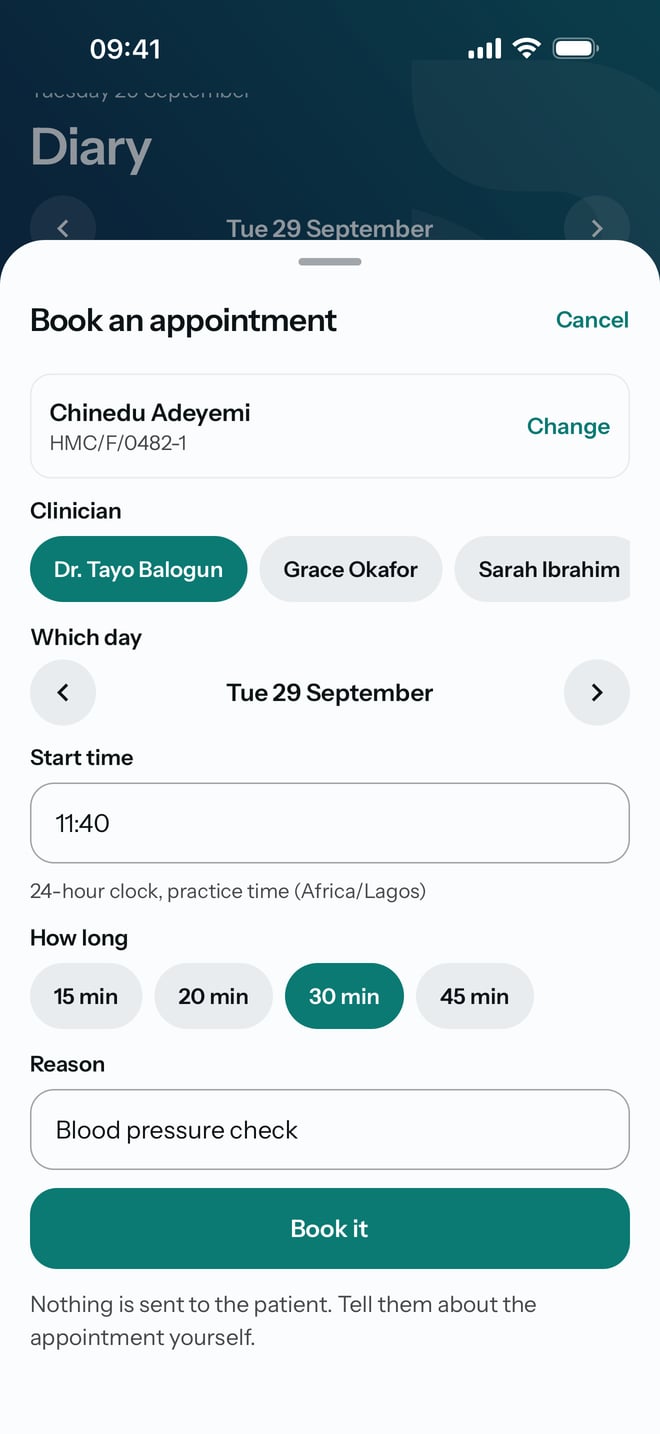 The Book an appointment sheet with the patient chosen, the doctor, Tuesday 29 September, a start time of 11:40, 30 minutes and the reason Blood pressure check.
