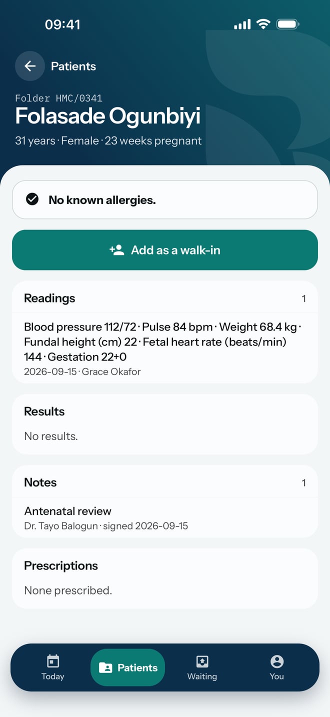 A patient's chart: her folder number, age and weeks of pregnancy, no known allergies, her readings, and a signed antenatal review note.