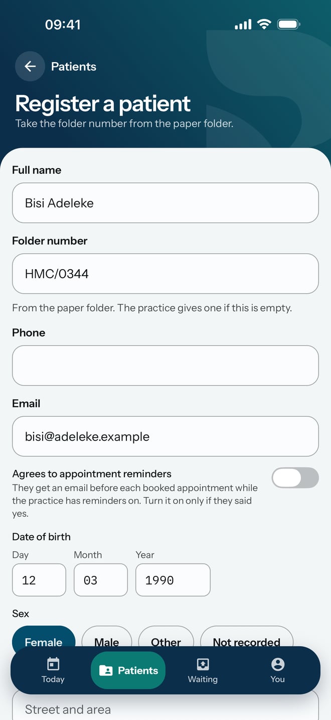Register a patient, with the name, the folder number, an email address, a date of birth and Female chosen.