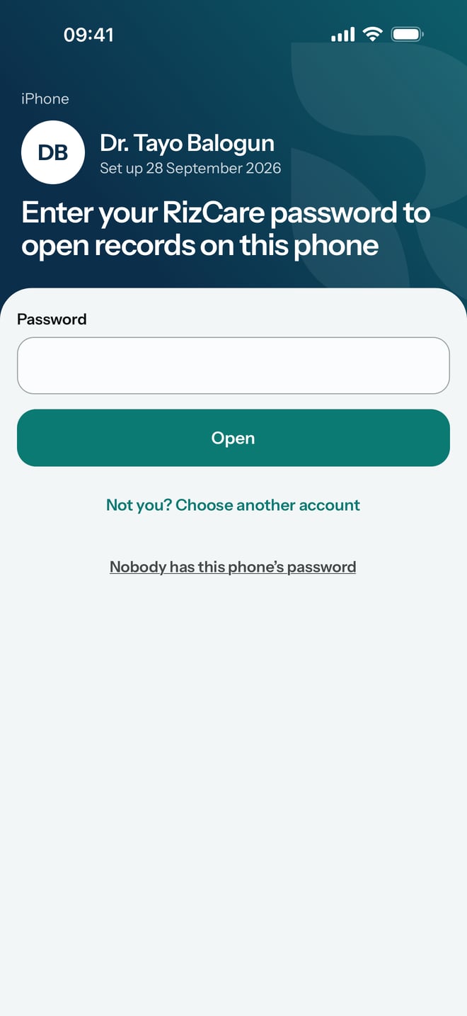 The screen that asks for your RizCare password, with Open, Not you? Choose another account, and Nobody has this phone's password.