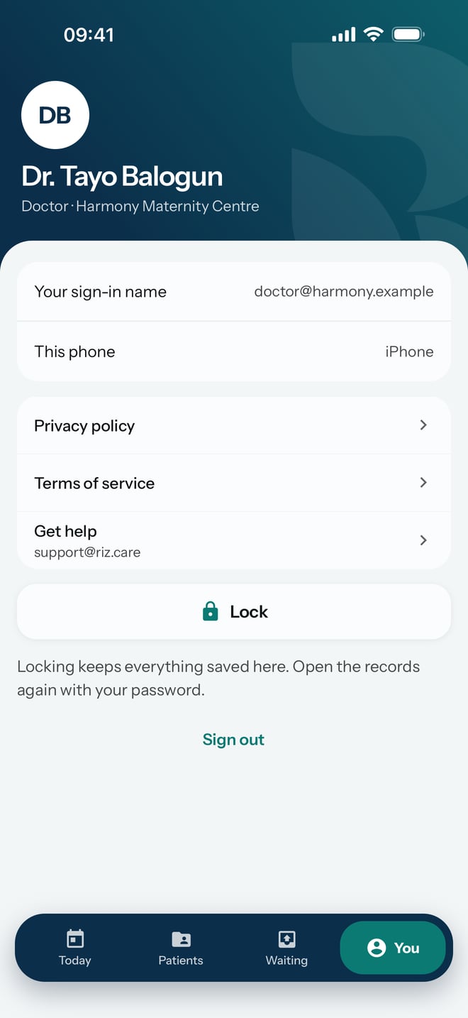 The You screen, with your sign-in name, the phone's name, the Lock button and Sign out.