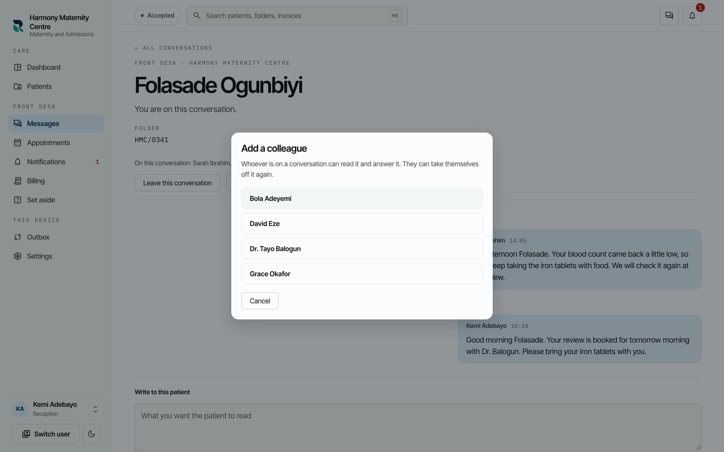 Add a colleague, listing the colleagues who can be put on Folasade Ogunbiyi's conversation.