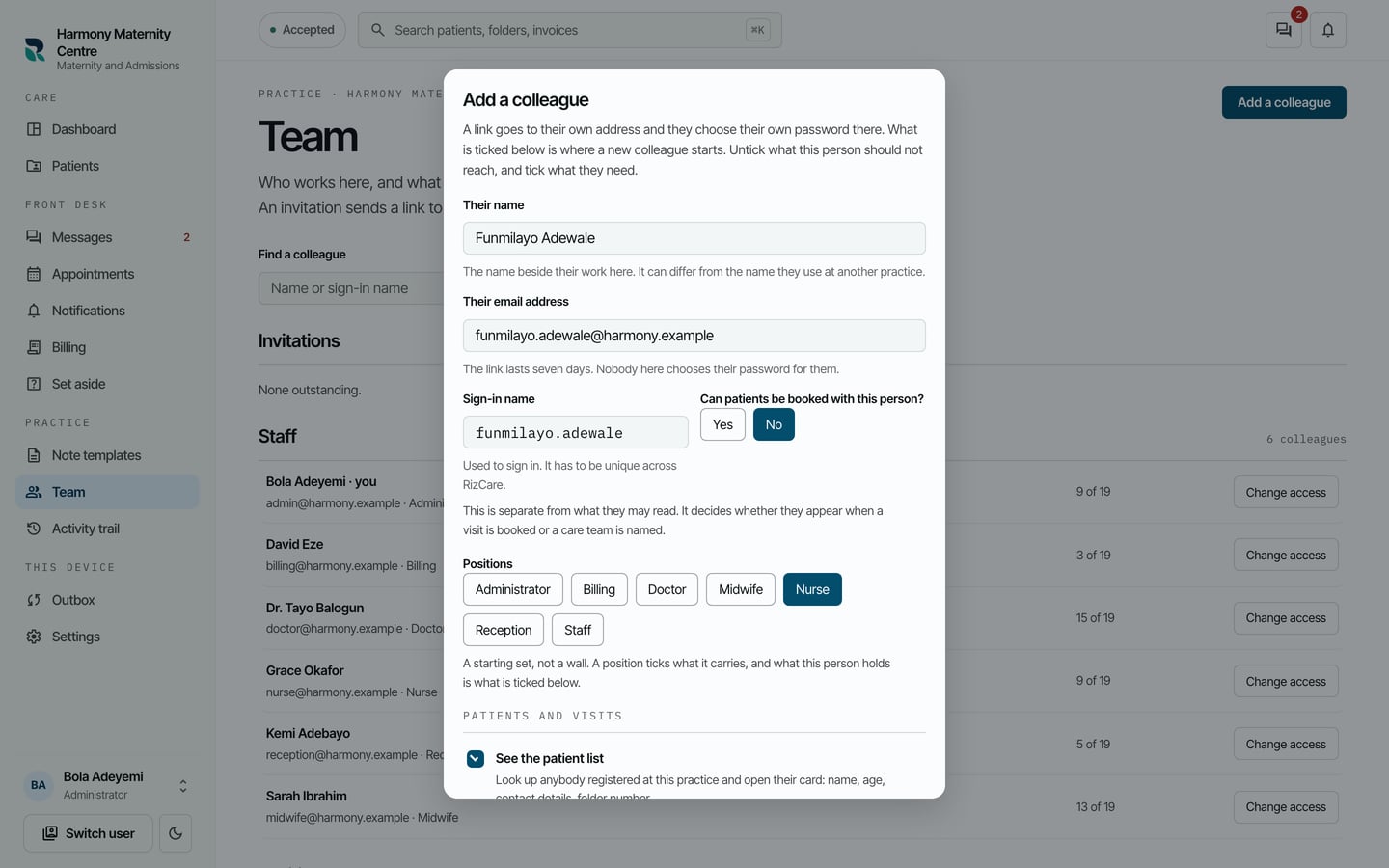 Add a colleague: Funmilayo Adewale, her email address and sign-in name, No for booking, and Nurse chosen under Positions.