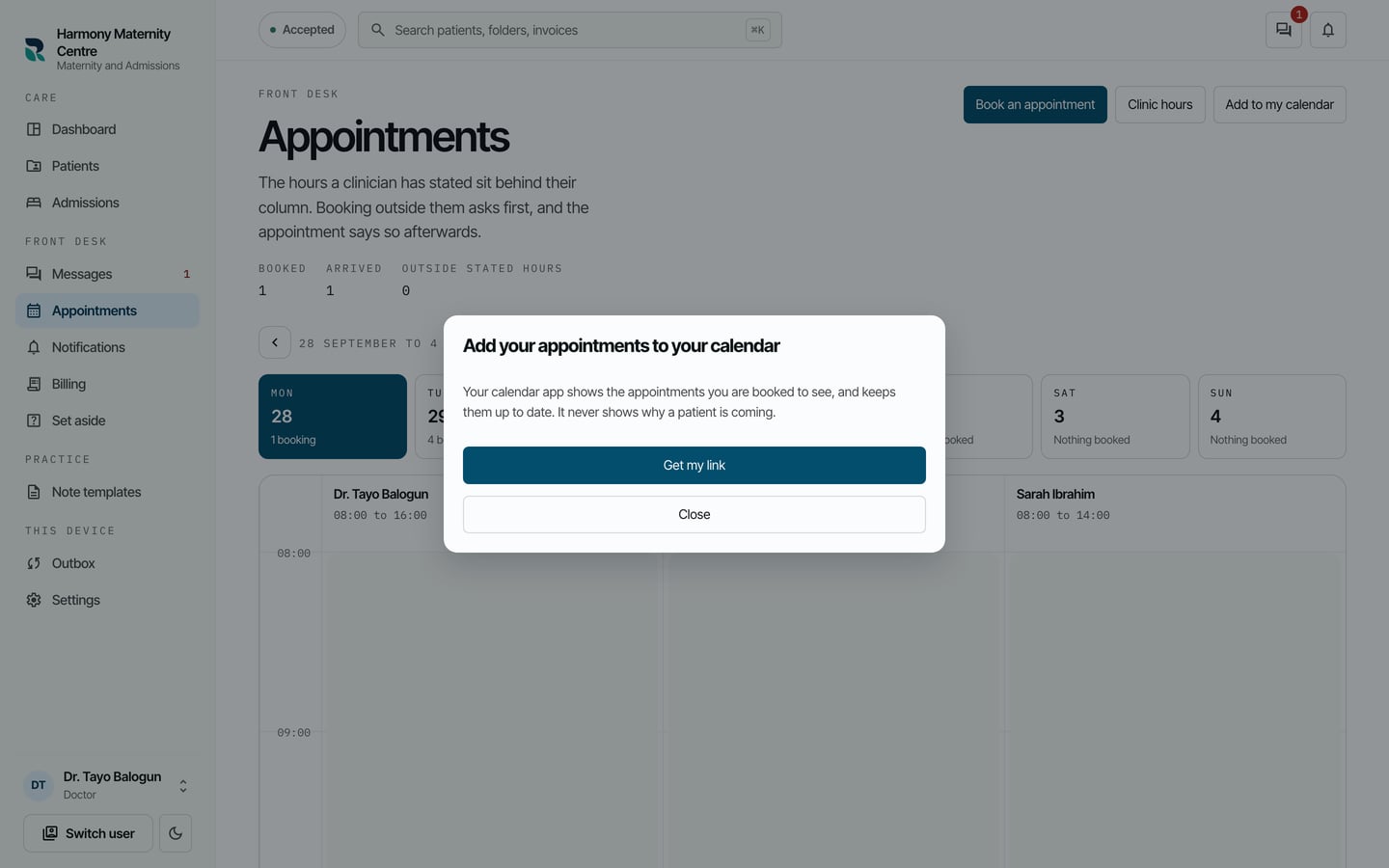 Add your appointments to your calendar, with Get my link and Close.