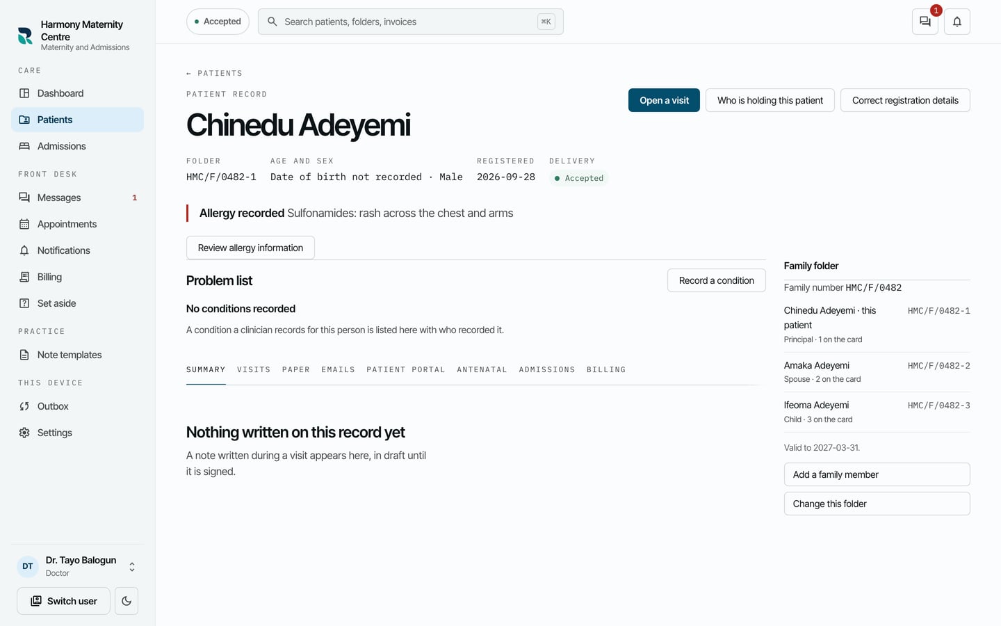 Chinedu Adeyemi's chart with Allergy recorded: Sulfonamides: rash across the chest and arms, at the head of the chart.