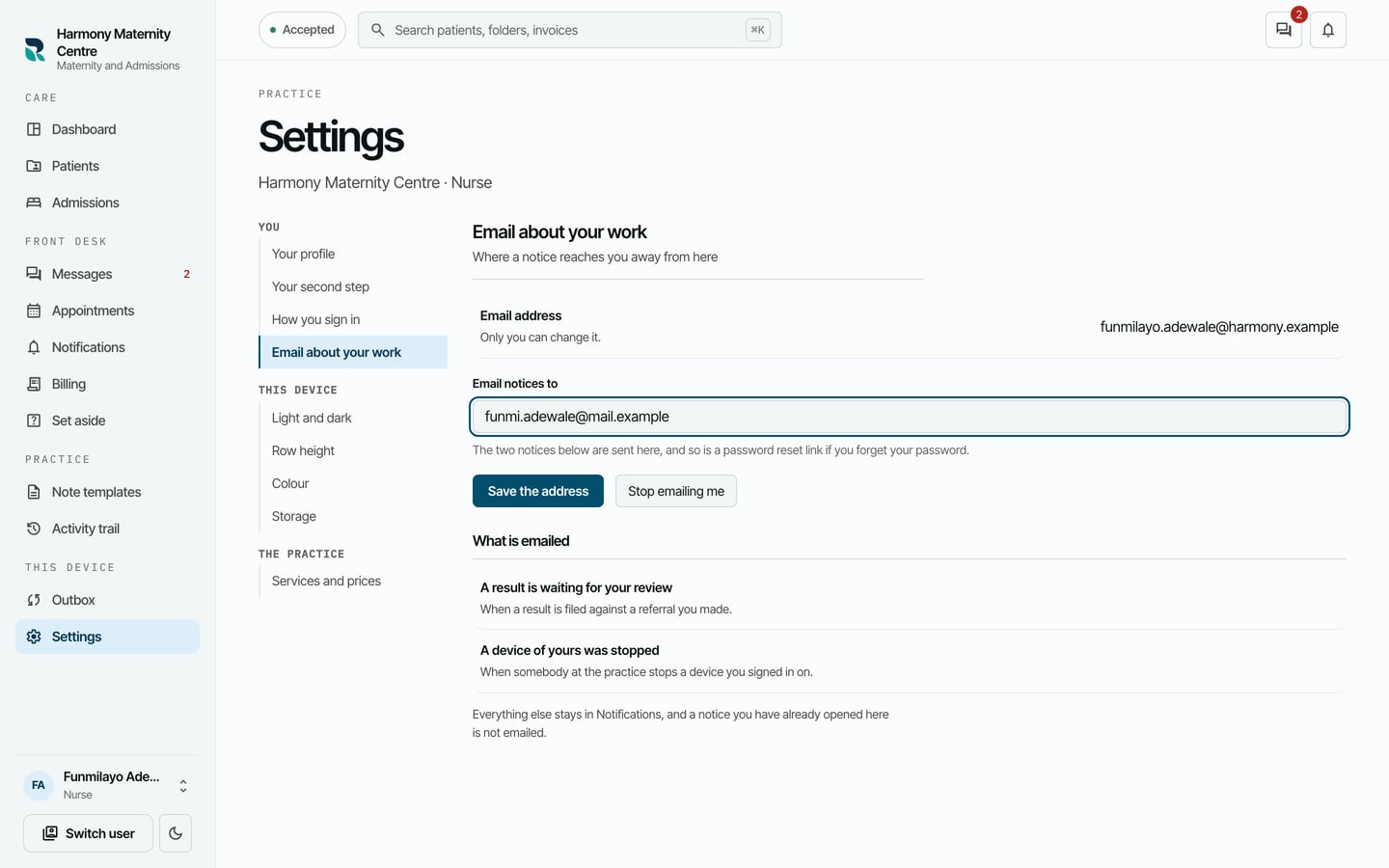 Email about your work: an address typed in Email notices to, and what is emailed: a result waiting for your review, and a device of yours being stopped.