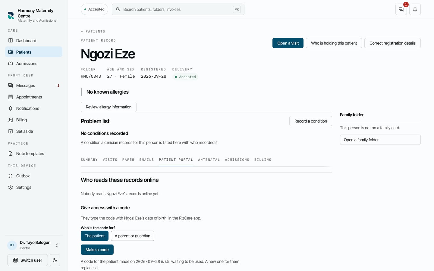 Give access with a code for Ngozi Eze, with The patient chosen and the Make a code button, and a line saying an earlier code is still waiting to be used.