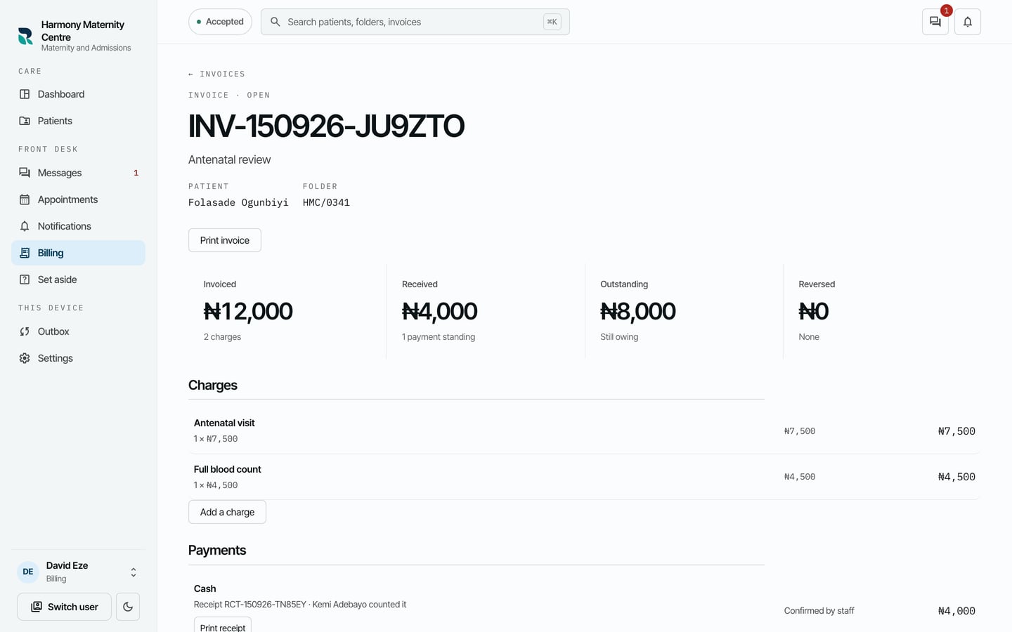 The invoice for Folasade Ogunbiyi's antenatal review: 12,000 naira invoiced, 4,000 received and 8,000 outstanding, with two charges and a cash payment.