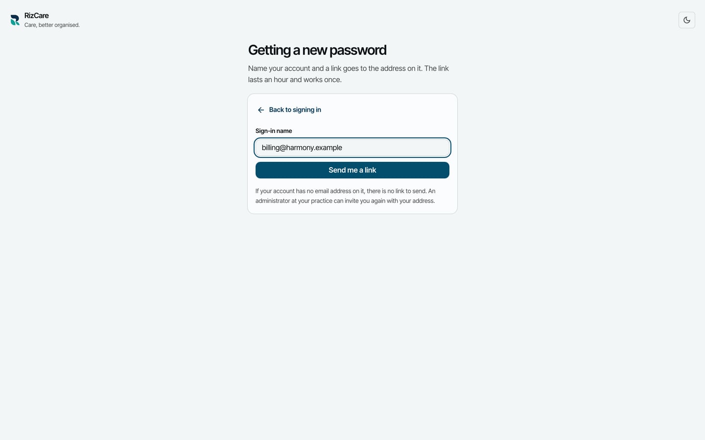 Getting a new password, with a sign-in name typed in and the Send me a link button.