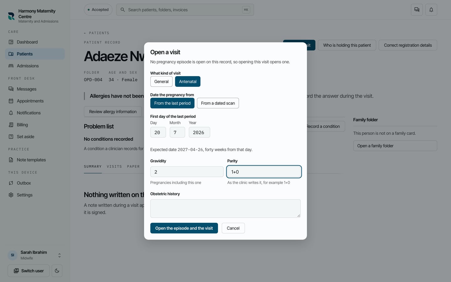 The Open a visit form with Antenatal chosen, the first day of the last period, gravidity 2 and parity 1+0.