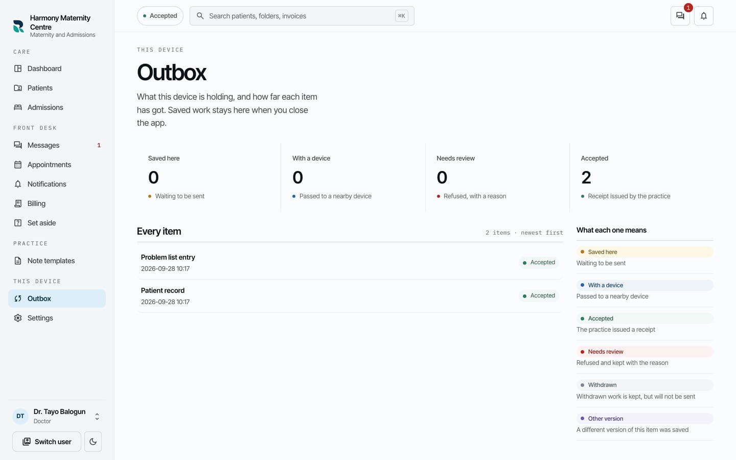 The Outbox: the counts of work saved here, with a device, needing review and accepted, the list of every item recorded on this computer, and what each state means.
