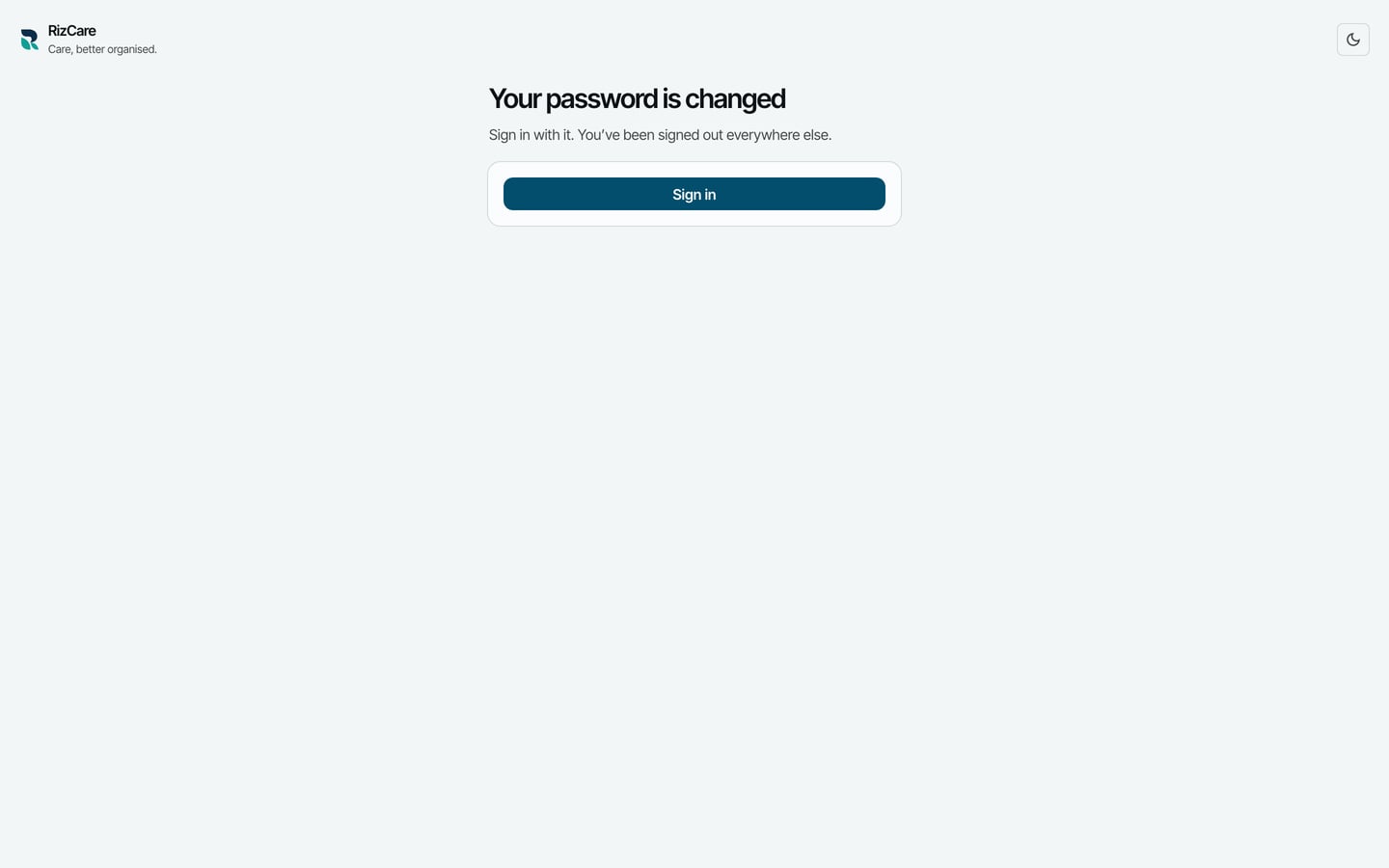 Your password is changed: sign in with it, you have been signed out everywhere else, and the Sign in button.