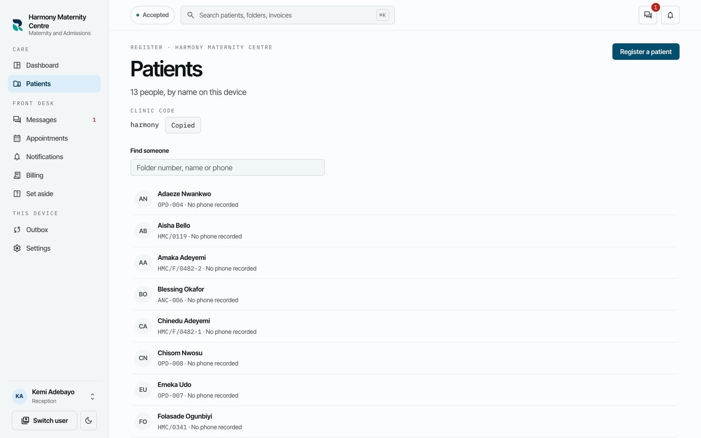 The Patients screen with Hospital code harmony at the head of the list and the button beside it reading Copied.