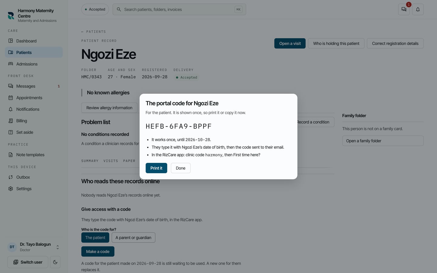 The portal code for Ngozi Eze: the code, the day it works until, and where to type it in the RizCare app.