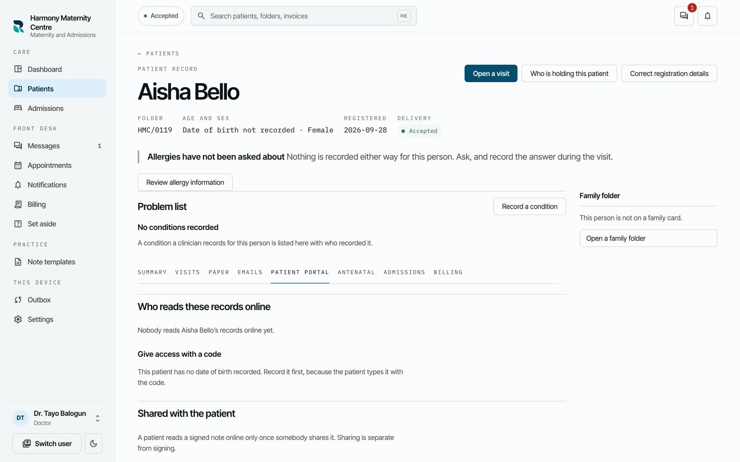 The Patient portal tab for Aisha Bello: Give access with a code says the patient has no date of birth recorded, and to record it first.