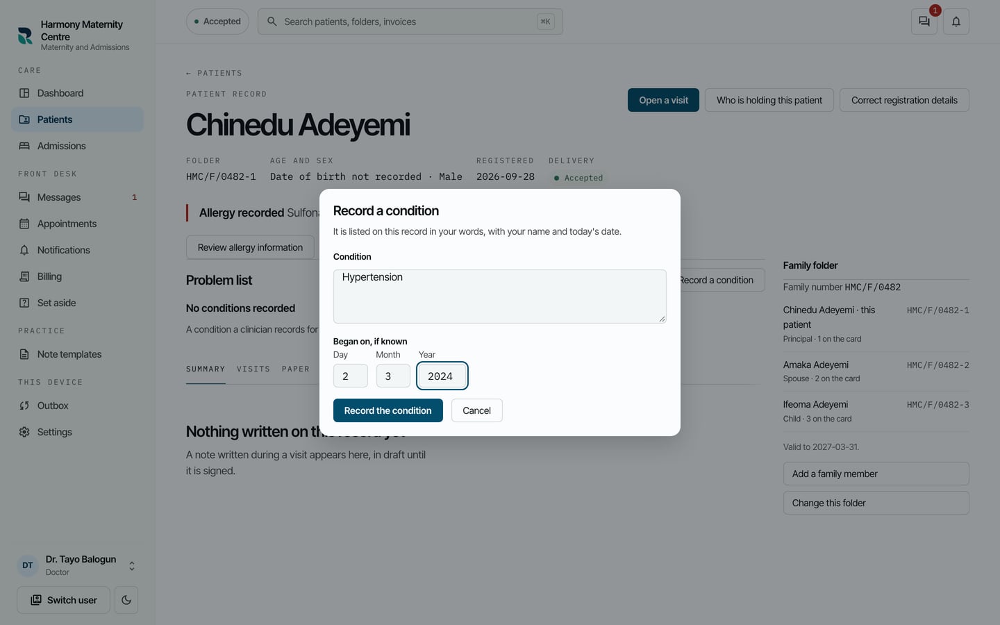 The Record a condition form with Hypertension typed in and a start date of 2 March 2024.