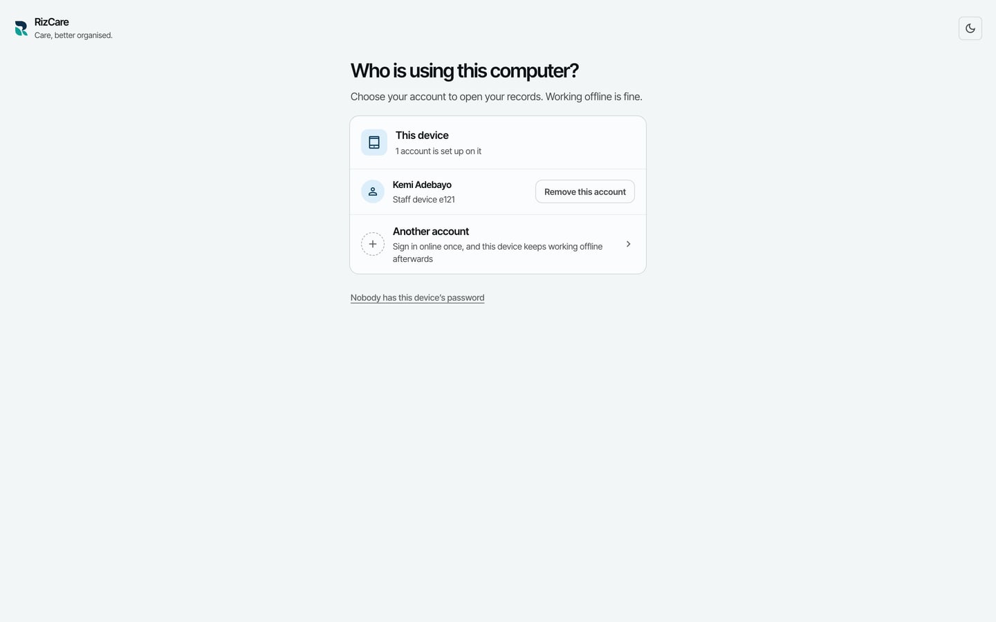 Who is using this computer? with Kemi Adebayo's account, Remove this account, and Another account.