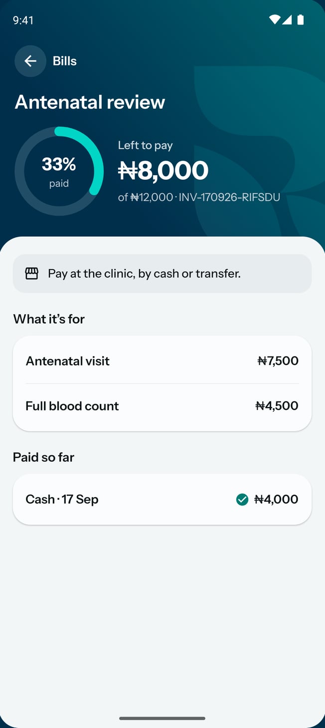 A bill on the patient app, part-paid at the desk, with what is left to pay.
