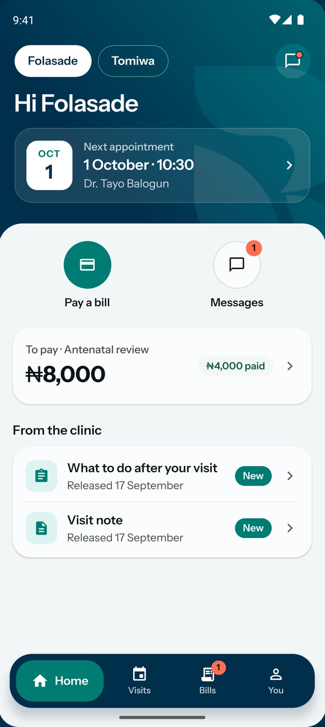Home on the patient app: the next appointment, a bill to pay and two new documents from the visit.
