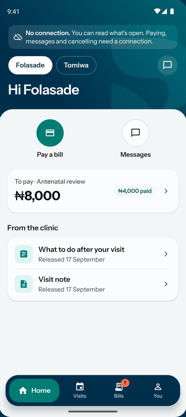 The patient app without a connection, with what is already open still readable.