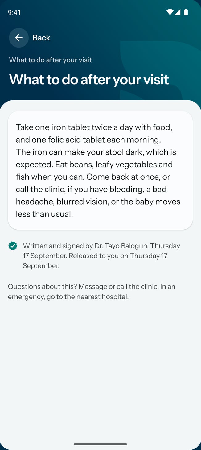 Instructions shared after a visit on the patient app, with who signed them and when.