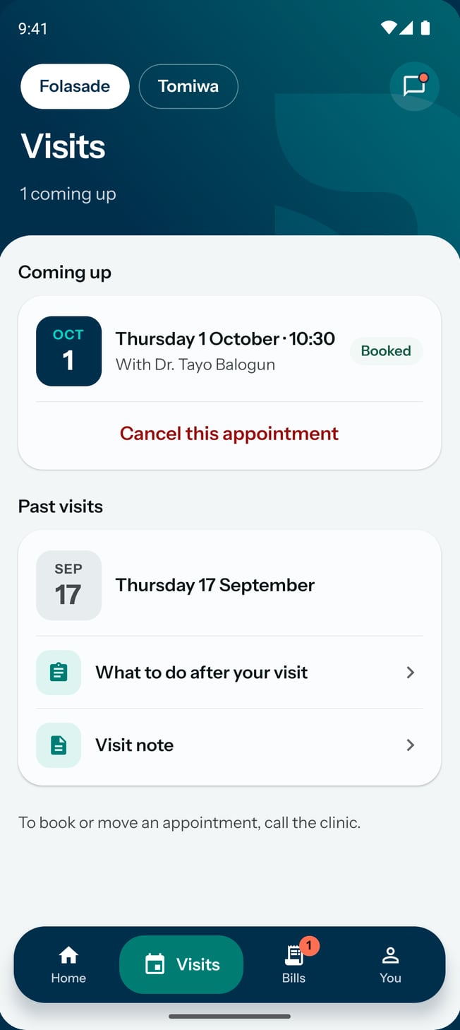 Visits on the patient app: the appointment coming up and past visits.