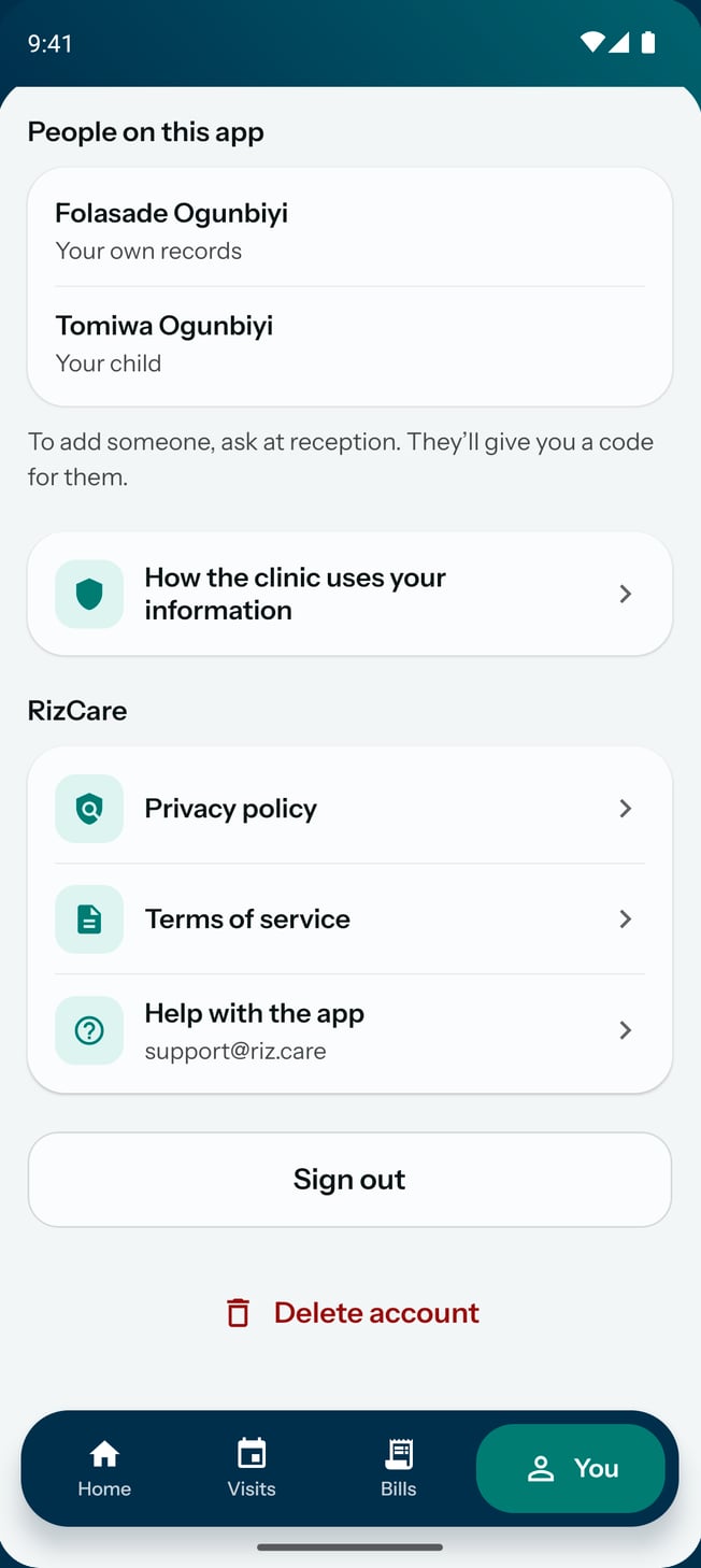 The You tab on the patient app, with a parent's own records and her child's.