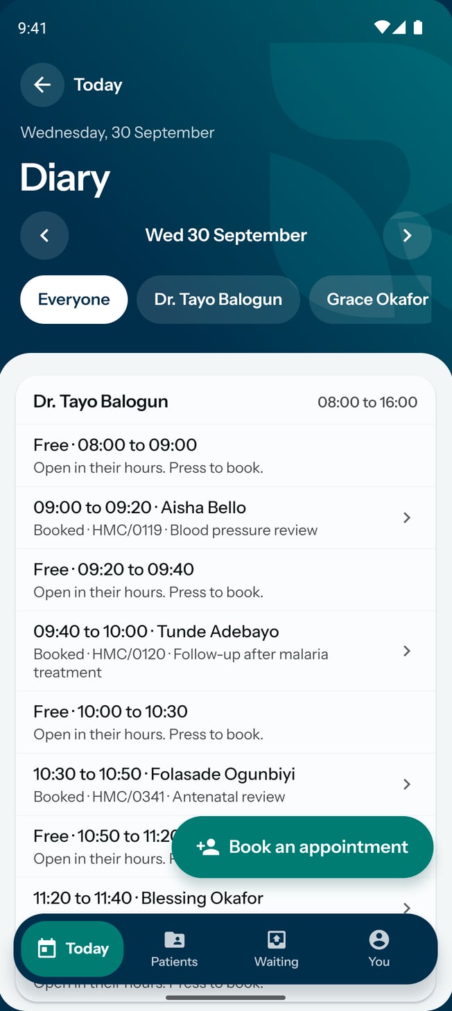 The diary on the practice app, with each clinician's booked appointments and the free times between them.