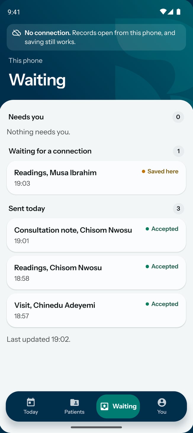 The practice app without a connection: a reading saved on the phone and waiting to send, and what was sent today.
