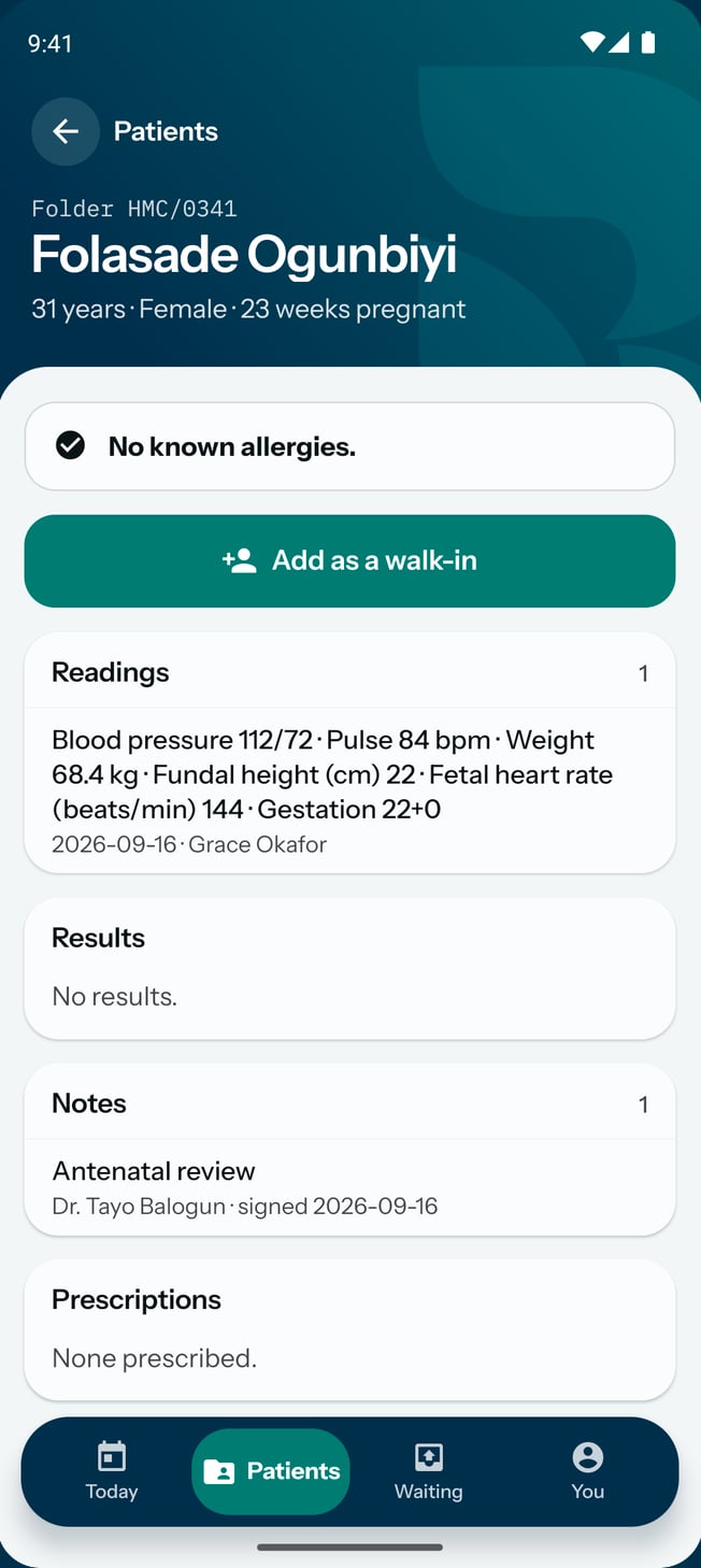 A patient's chart on the practice app, with her signed notes and the readings from her visits.