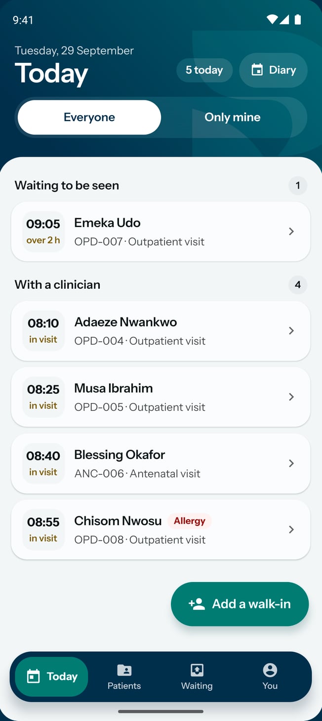Today on the practice app: patients waiting to be seen, with a clinician and not arrived yet, with a button to add a walk-in.