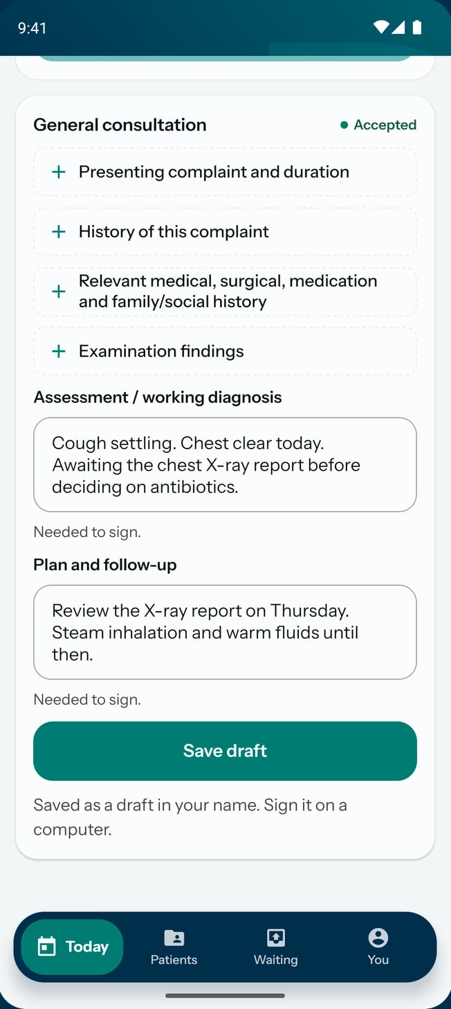 A consultation note drafted on the practice app, with its assessment and plan, ready to sign on a computer.