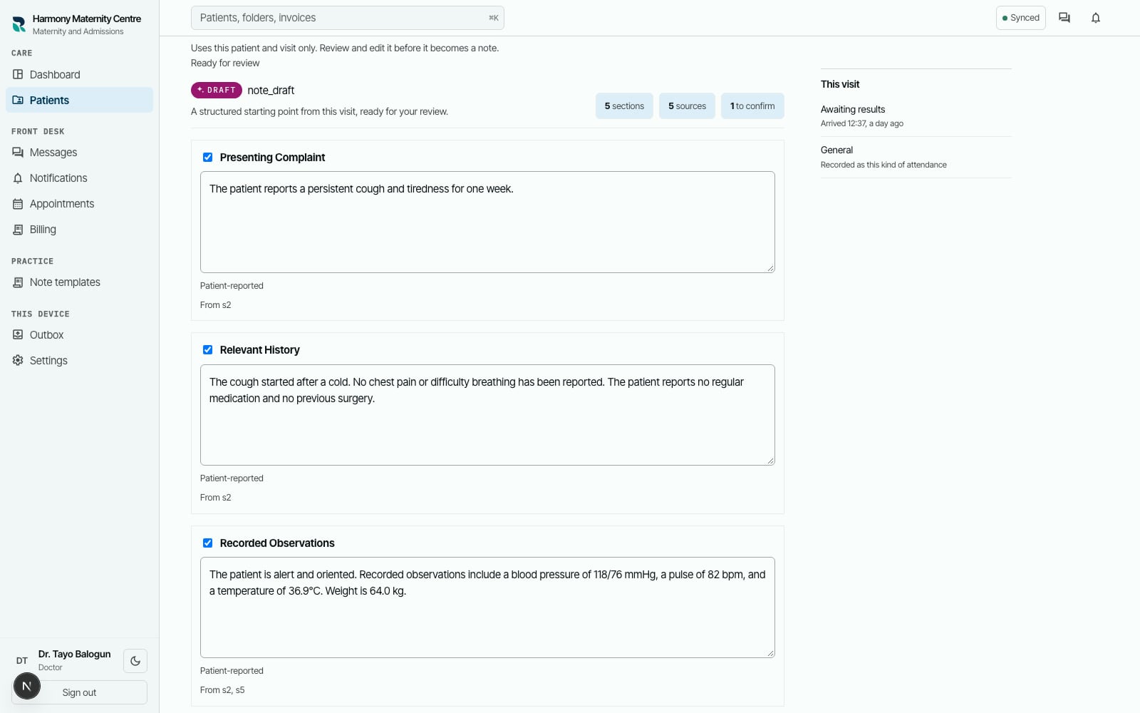 RizCare AI-assisted clinical note draft showing review status, source counts, a contradiction notice and acceptance controls in a product tour with sample data.