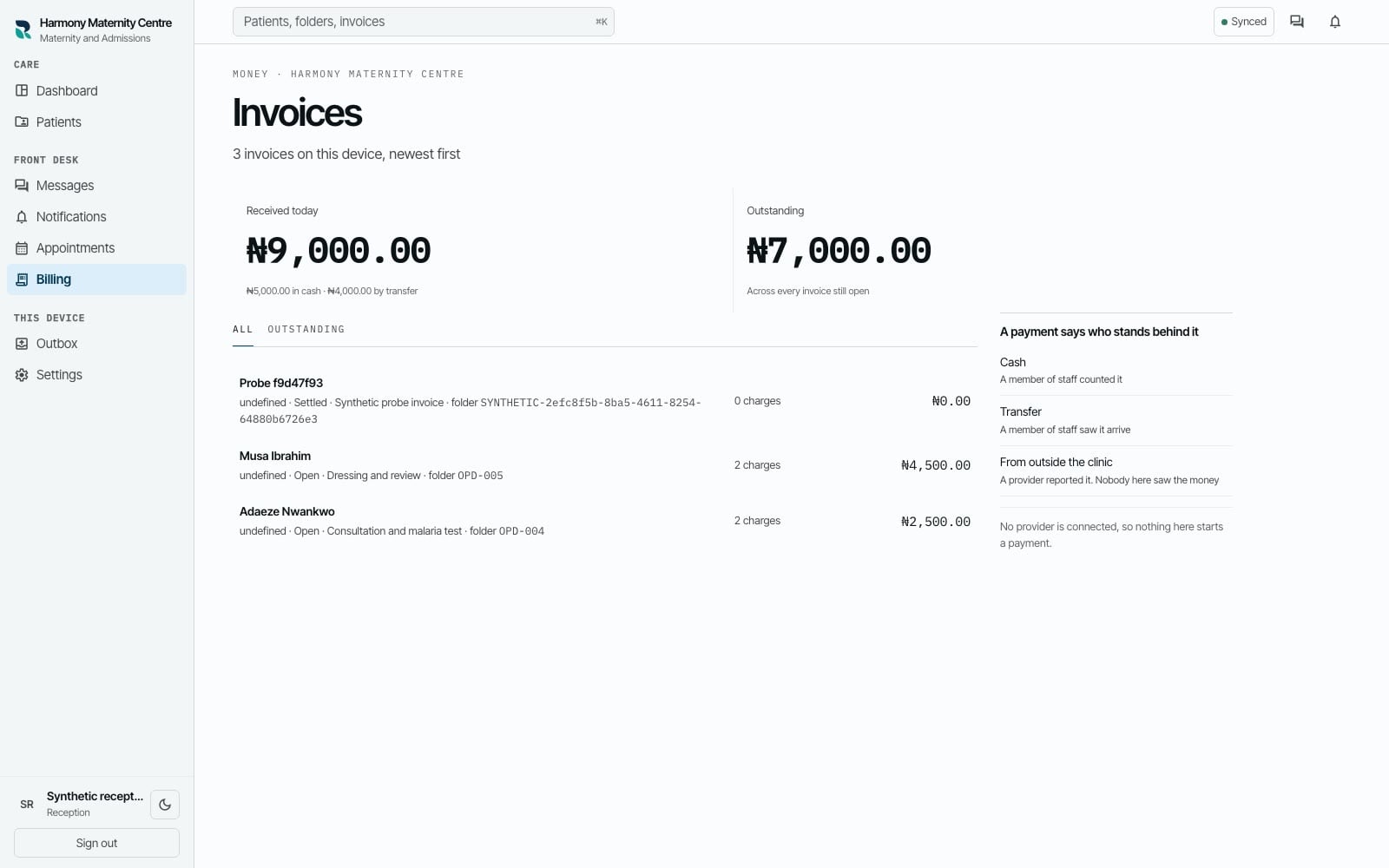RizCare invoice showing a human-readable invoice number and itemised charges in a product tour.