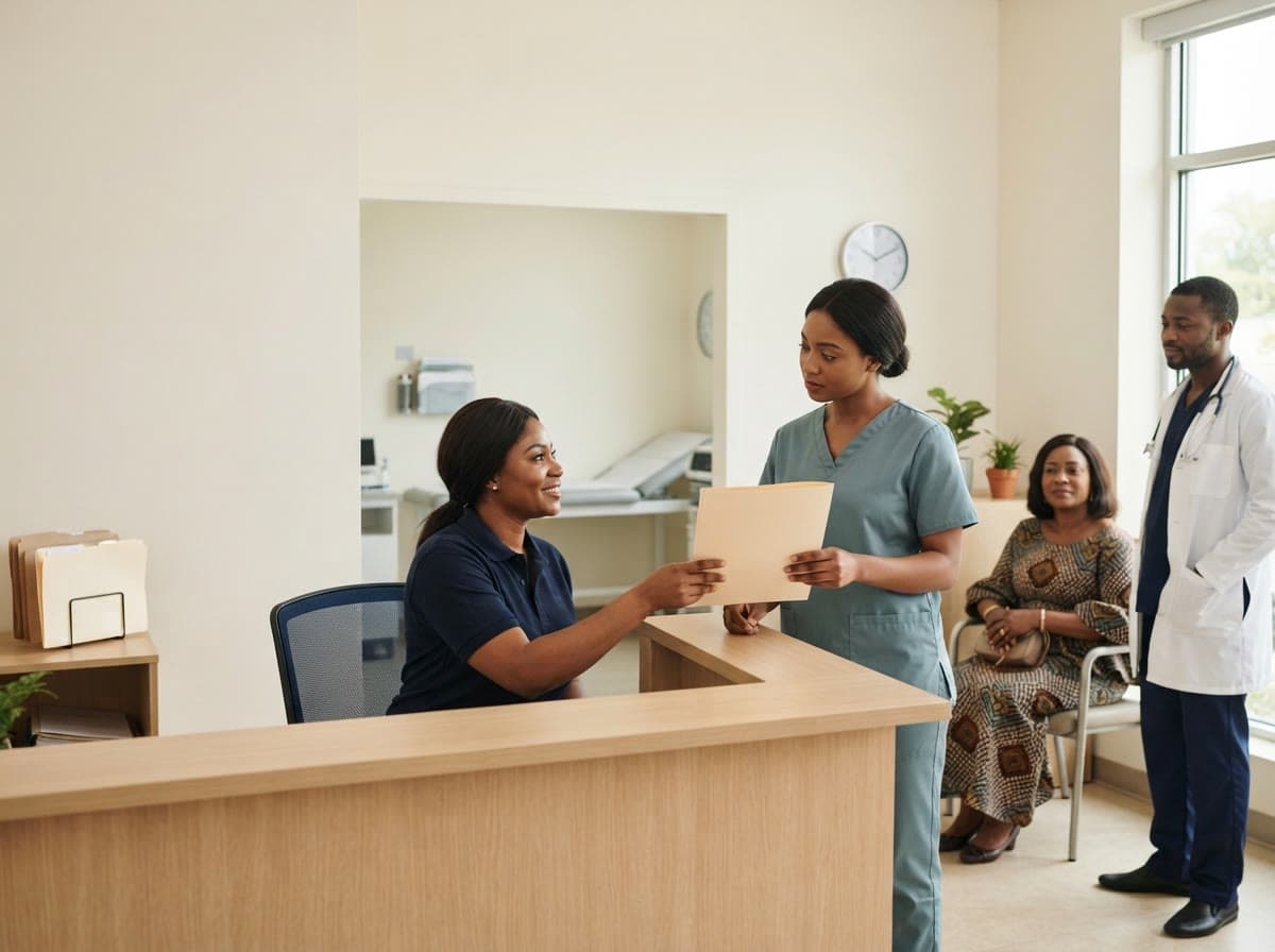 A receptionist, nurse and clinician hand off one patient visit around a shared hospital workspace.