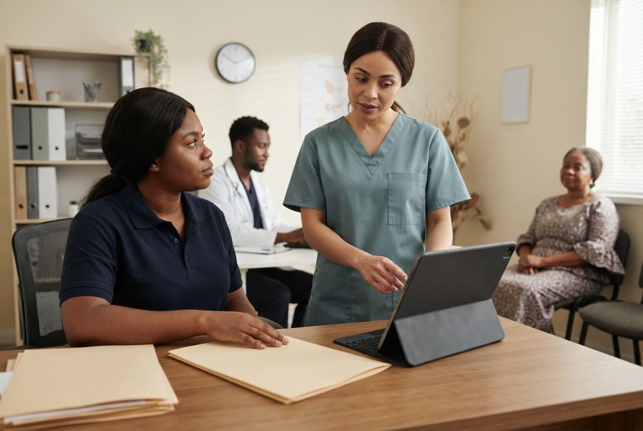 A hospital team works together with a paper folder and a tablet at the same desk.