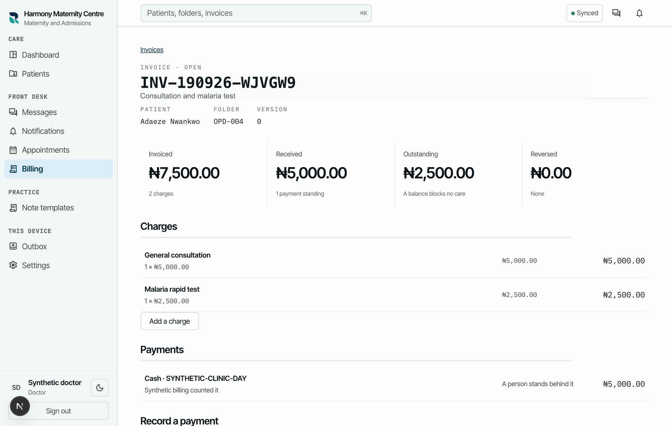 RizCare invoice showing a recorded payment and remaining balance in a product tour.