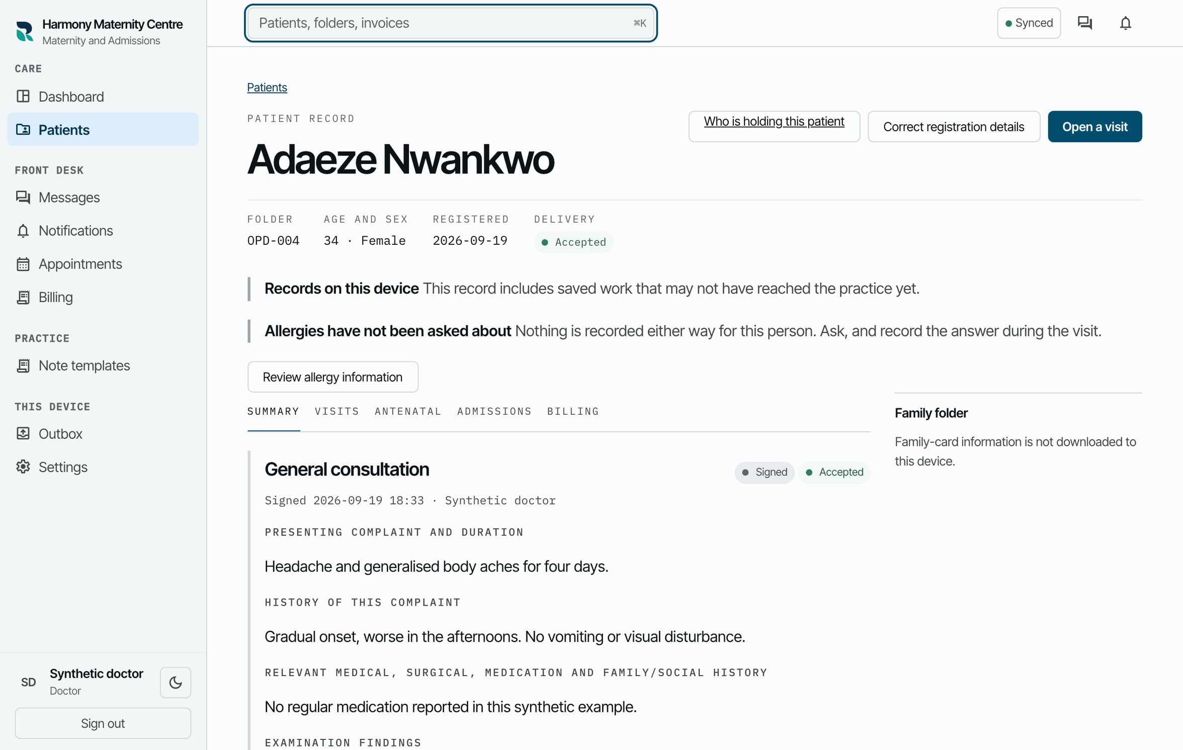 RizCare patient record showing a folder number, visit history and a signed note, with sample data.